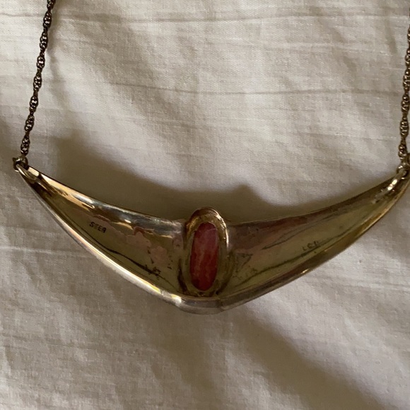 VINTAGE NEW/UNWORN SOUTHWESTERN STERLING SILVER BAR NECKLACE PENDANT PINK CORAL - Picture 4 of 7